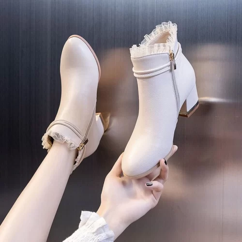White PU Leather Ankle Boots with Chunky Heel – Stylish, Comfortable & Durable - Image 3